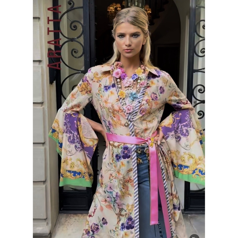 ARATTA Silent Journey FLORAL colorful bell sleeves DUSTER Boho Resort Whimsical